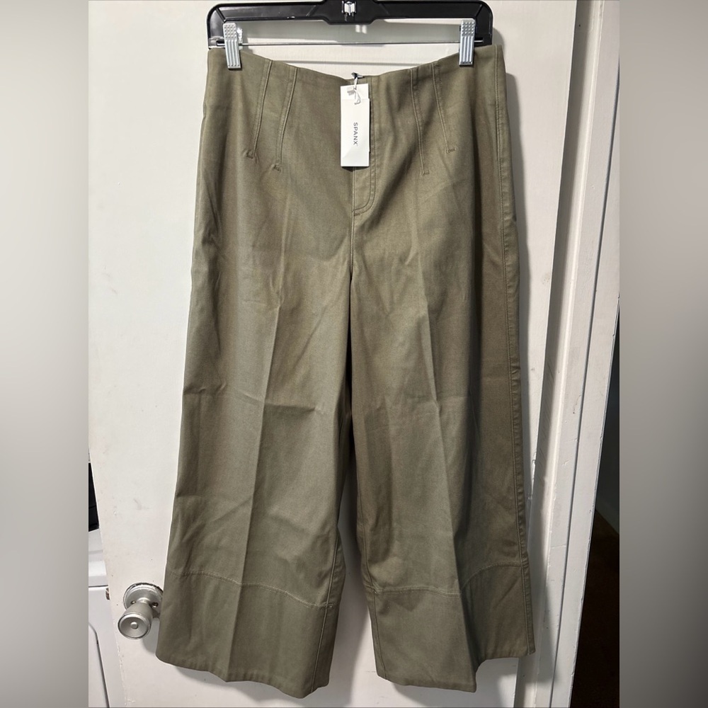 NWT Spanx Stretch Twill Cropped Wide Leg Pants Tuscan Olive Green Size L P New - Picture 2 of 11